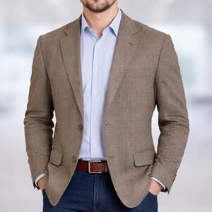 Lauren Ralph Lauren SZ 44 VTG 100% Wool Houndstooth Blazer Brown -Black-Tan